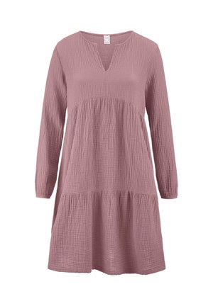 Rosa, langärmliges Kleid aus strukturiertem Stoff mit einem V-Ausschnitt, geraffter Taille und gestuftem Saum.