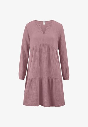 Rosa, langärmliges Kleid aus strukturiertem Stoff mit einem V-Ausschnitt, geraffter Taille und gestuftem Saum.