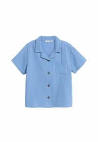 Korte mouwen, lichtblauw shirt van een gestructureerde, gekreukte stof met een borstzak en vijf bruine knopen aan de voorkant.