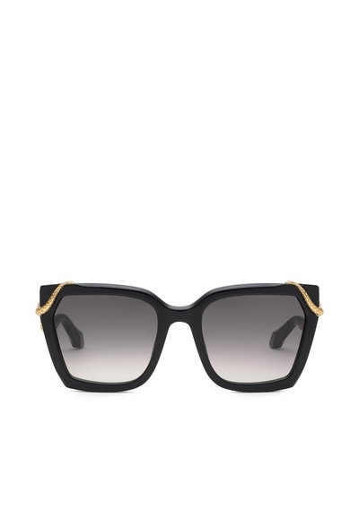 Lunettes de soleil carrées noires oversize avec verres dégradés gris et détail serpent doré sur les coins extérieurs supérieurs des montures.