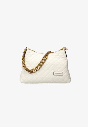 Quilted white handbag with a gold chain strap and fabric accents. Features a sleek shape and a logo tag on the side. Zipper closure on top.