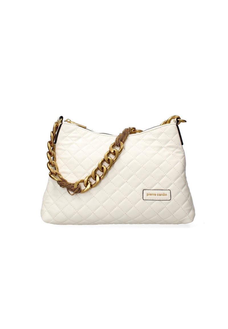 Borsa bianca trapuntata con catena dorata e dettagli in tessuto. Presenta una forma slanciata e un'etichetta con il logo sul lato. Chiusura con zip nella parte superiore.