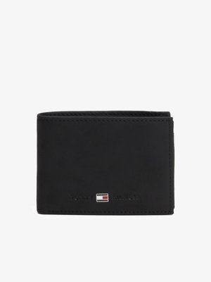 Black leather wallet with a smooth finish, compact rectangular shape, and embossed logo detail in silver. Features neat stitching.
