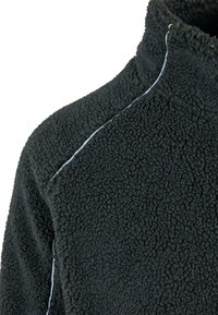Black fleece jacket with a high collar. Features soft, textured fabric and contrasting light blue stitching along the seams.