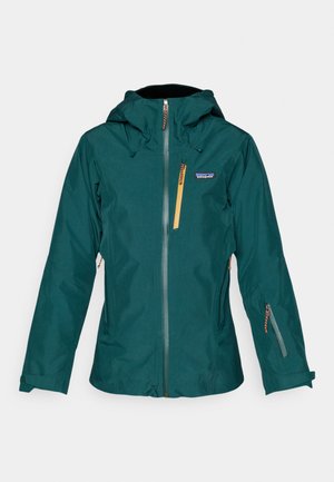 Tirkīza krāsas ūdensizturīga jaka ar kapuci, priekšējo rāvējslēdzēju un sānu kabatām. Iekļauj oranžu rāvējslēdzēju akcentu un logotipu augšējā kreisajā pusē.