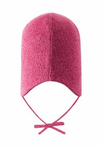 Różowa wełniana czapka z zaokrąglonym wierzchem, wiązanymi sznureczkami i gładką fakturą. Posiada subtelny melanżowy wzór w całej powierzchni.
