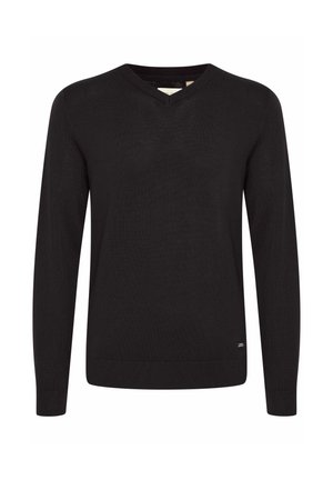 Black v-neck sweater made of smooth knit fabric. Long sleeves and fitted cuffs. Subtle logo detail at the hem. Classic silhouette.