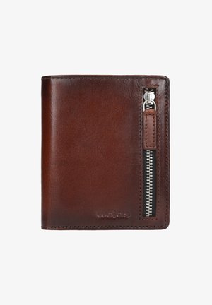 Portafoglio in pelle marrone con una texture liscia, dotato di un vano con zip laterale, cuciture sottili e logo del marchio impresso sulla parte anteriore.