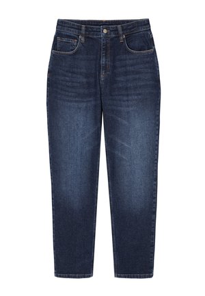 Jeans din denim albastru închis cu un design drept, cinci buzunare și închidere cu buton. Prezintă detalii subtile de uzură și cusături.