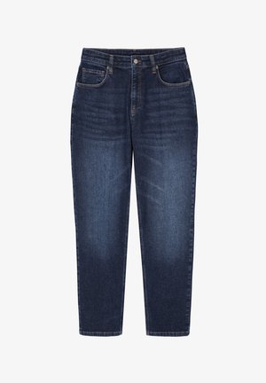 Donkerblauwe denim jeans met een recht model, vijf zakken en een knoopsluiting. Bevat subtiele wassing en stiksels.