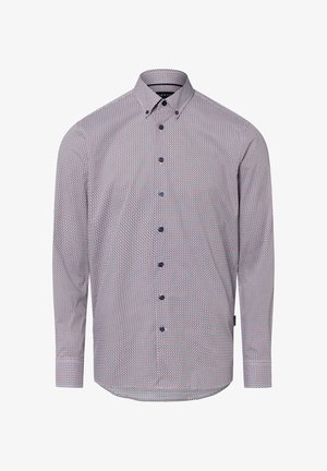 Koszula na guziki wykonana z lekkiego materiału, z geometrycznym wzorem w kolorach niebieskim, czerwonym i białym, z klasycznym kołnierzykiem i długimi rękawami.