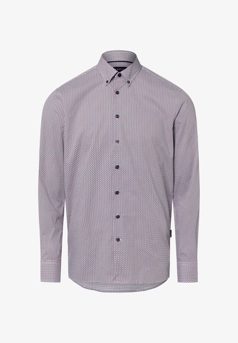 Button-up shirt made of lightweight fabric, featuring a geometric pattern in blue, red, and white, with a standard collar and long sleeves.