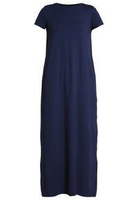 Robe décontractée bleu marine à manches courtes, longueur cheville, avec un col rond et une coupe simple et droite.