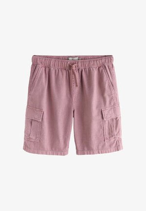 Lyserøde bomulds cargo-shorts med elastisk taljebånd, snøre, sidelommer og klaplommer på hvert ben.