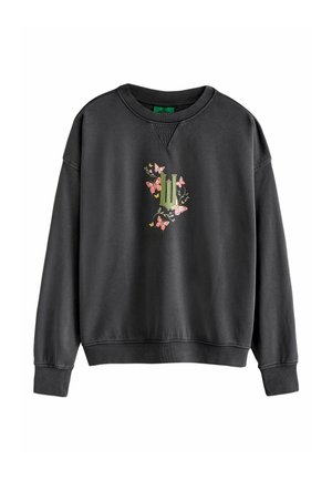 Black sweatshirt with a crew neck, featuring a floral and butterfly graphic in pink and green at the center. Soft texture, casual design.