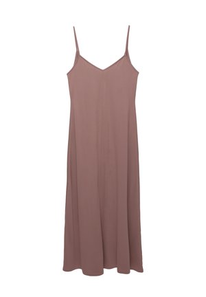 Light pink spaghetti strap dress with a V-neckline, flowing silhouette, and smooth texture. Floor-length design, minimal stitching details.