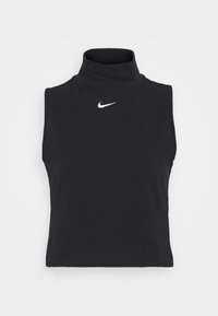 Svart ärmlös polokrage topp i mjukt tyg, med en liten vit Nike-logotyp på framsidan och en figurnära design.