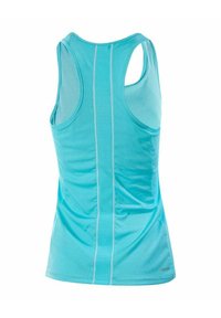 Top sportivo turchese con design a schiena a racer, caratterizzato da cuciture bianche a contrasto, tessuto liscio e sezioni in rete traspirante.