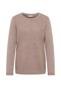 Beige Pullover mit langen Ärmeln und rundem Halsausschnitt, ausgestattet mit einem strukturierten Streifenmuster sowie gerippten Bündchen und Saum. Hergestellt aus weichem Strickmaterial.
