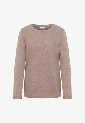 Béžový svetr s dlouhým rukávem a kulatým výstřihem, který má texturovaný pruhovaný vzor a ribbové manžety a spodní lem. Vyrobeno z měkké pletené látky.