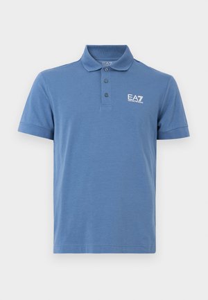 Blue short-sleeve polo shirt with three buttons and white EA7 Emporio Armani logo on left chest.