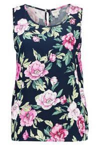 Paita ilman hihoja kukkakuviolta tummansinisestä kankaasta, jossa on suuria vaaleanpunaisia ja valkoisia kukkia, vihreitä lehtiä ja pieni avaus yksityiskohtana takana kaula-aukossa.