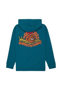 Türkisfarbener Hoodie mit einem großen, bunten Grafikdesign einer Schnecke und eines Auges auf dem Rücken. Weicher Stoff und Kapuze mit Kordelzug sowie gerippte Bündchen.