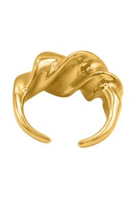 Goldfarbener, gedrehter Armreif mit einer glatten, glänzenden Oberfläche, der ein markantes, skulpturales Design und spitze Enden aufweist.