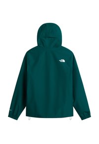 Veste de pluie à capuche vert foncé avec poignets élastiques, cordons au bas et logo blanc The North Face sur le haut du dos.