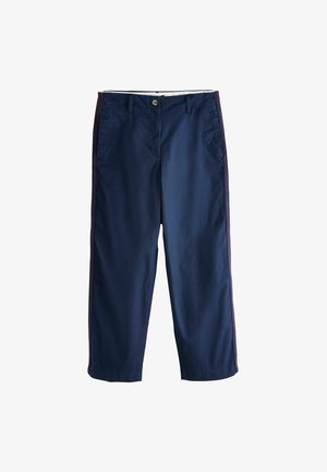 Navy blue straight-leg pants with button and zipper closure, belt loops, slanted front pockets, and dark side stripes.