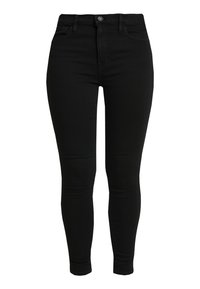 Black high-waisted skinny jeans made of denim, featuring a button closure and minimal stitching details. Fitted through the legs with a smooth texture.