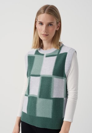 Sleeveless knit sweater with a checkerboard pattern in varying shades of green and gray. Soft texture, round neckline, ribbed hem.