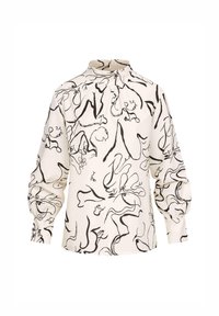 Blouse blanche à manches longues avec motifs floraux abstraits noirs en lignes et col montant avec détails froncés au col.
