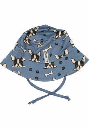 Blauer Bucket Hat aus Stoff mit einem Muster von schwarz-weißen französischen Bulldoggen, Knochen und Pfotenabdrücken; enthält verstellbare Riemen.