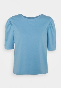 Svetle modré tričko s krátkým rukávem z měkké tkaniny. Má zaoblený výstřih a na rukávech nabírané detaily. Jednoduchý, ležérní design.