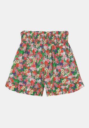 Løse shorts med elastisk talje, dekoreret med små flerfarvede blomster i røde, pink, hvide, gule og grønne toner.