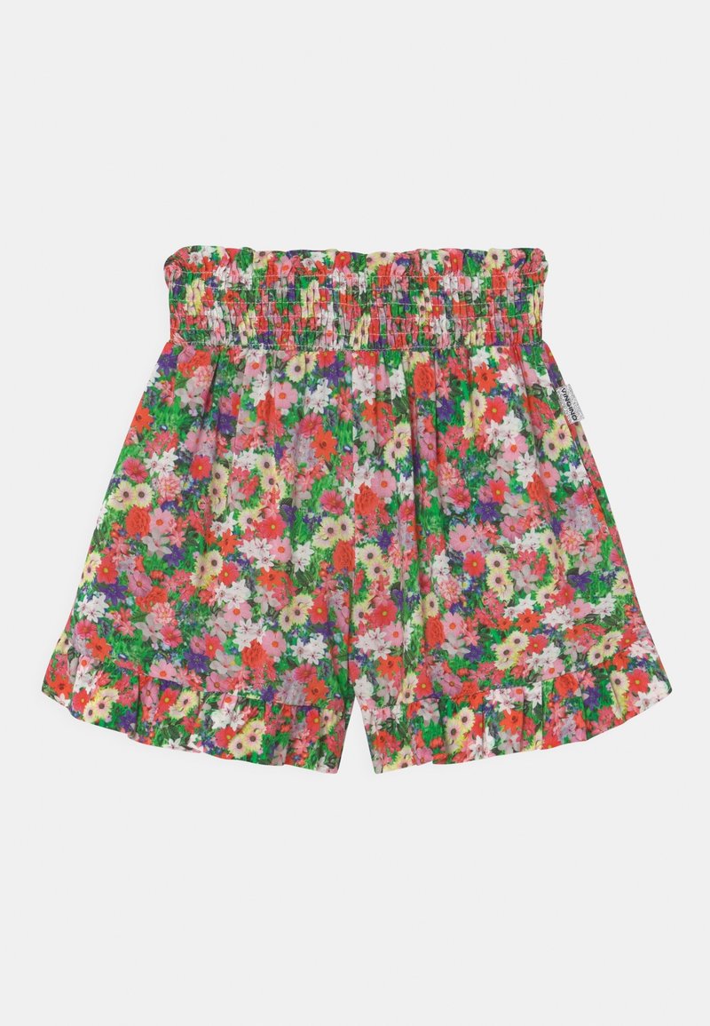 Shorts amples avec taille élastique, décorés de petites fleurs multicolores en rouge, rose, blanc, jaune et vert.