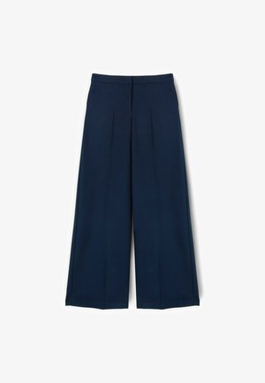 Navy-blaue weite Hosen mit Falten, aus glattem Stoff mit einem taillierten Bund. Keine sichtbaren Verzierungen oder Muster.