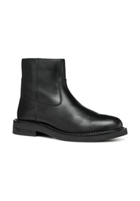 Black leather ankle boot with a smooth texture, elastic side panels, and a sturdy sole. Features subtle stitching and a rounded toe design.