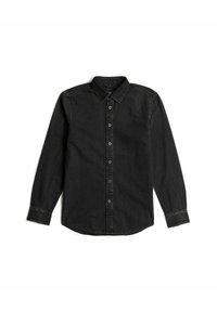 Camicia in denim nera slim-fit a maniche lunghe con chiusura a bottoni e colletto, posata piatta su uno sfondo bianco.