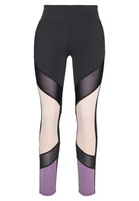 Černé a fialové legíny s síťovými panely, s vysokým pasem a geometrickými výřezy. Vyrobeny z elastického materiálu pro pohodlí a dokonalé padnutí.