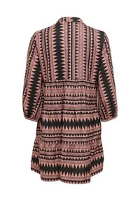 Long-sleeve dress made of fabric featuring a pink and black geometric pattern, with a ruffled hem and gathered waist for a relaxed fit.