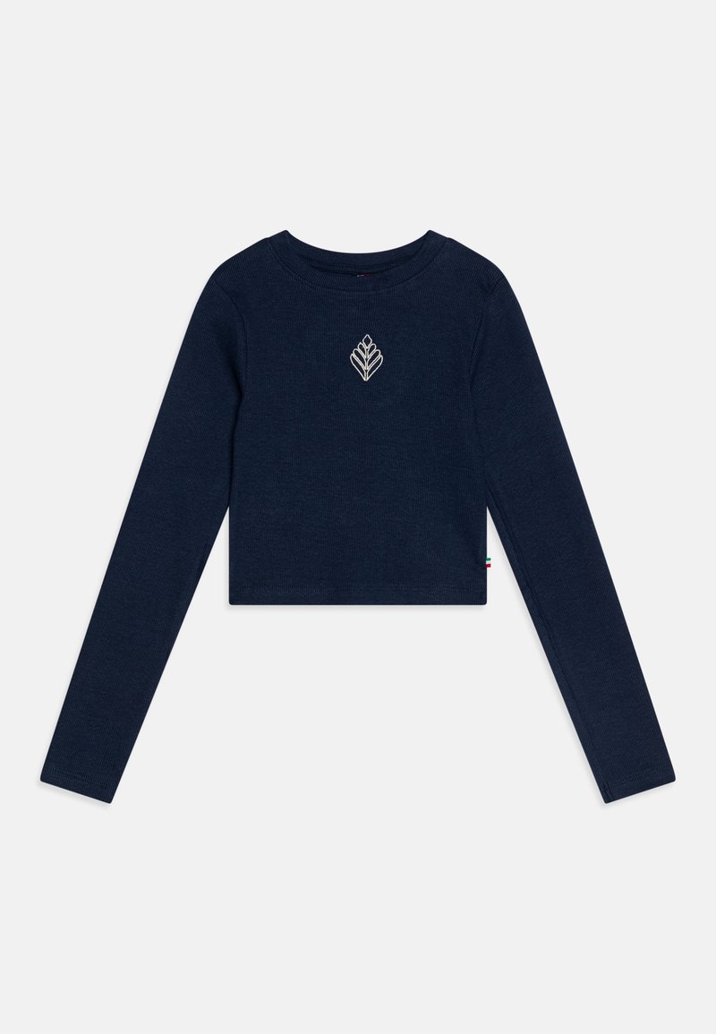 Top corto a maniche lunghe in tessuto a coste di colore blu navy, con un dettaglio ricamato a forma di foglia bianca al centro del petto e un collo rotondo.