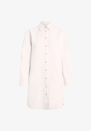 White long-sleeve shirt dress with a button-down front, pointed collar, and rounded hem. Made from textured fabric with cuffs.