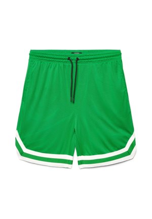 Pantaloncini sportivi in rete verde con bordo a righe bianche e verdi all'orlo e coulisse nera in vita elastica.