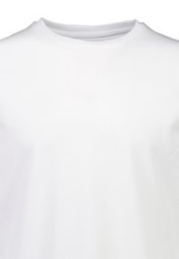 Valkoinen lyhythihainen t-paita pyöreällä pääntiellä, jossa on sileä puuvillakudos ilman näkyviä kuvioita tai logoja.