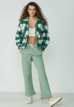 Green and cream plaid jacket made of thick fabric, paired with light green sweatpants and white sneakers. Features a buttoned crop top.