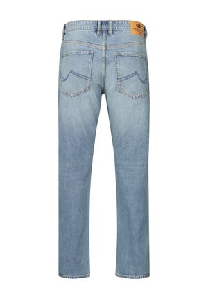  Lichtblauwe denim jeans met een rechte snit, twee achterzakken met gebogen naden en een leren merkpatch op de taille.