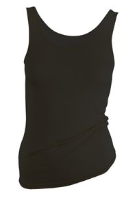 Black tank top, sleeveless design, made of smooth fabric. Features a round neckline and gathered detail on one side.