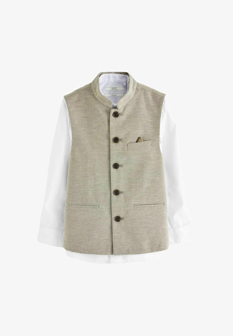 Tan cotton vest with a high collar, four buttons, and two front pockets. White shirt cuffs are visible underneath. Textured fabric and brown buttons.